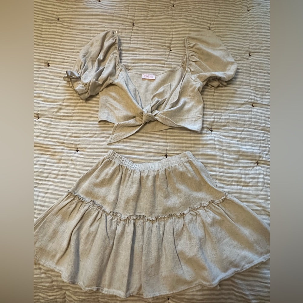 Pink Lily Linen Taupe Cropped Blouse and Linen Skater Taupe Skirt